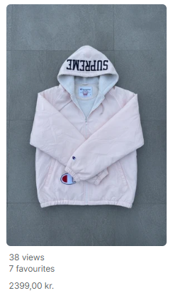 Marketplace listing — pink Supreme Champion jacket, 38 views