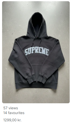 Marketplace listing — black Supreme hoodie, 57 views